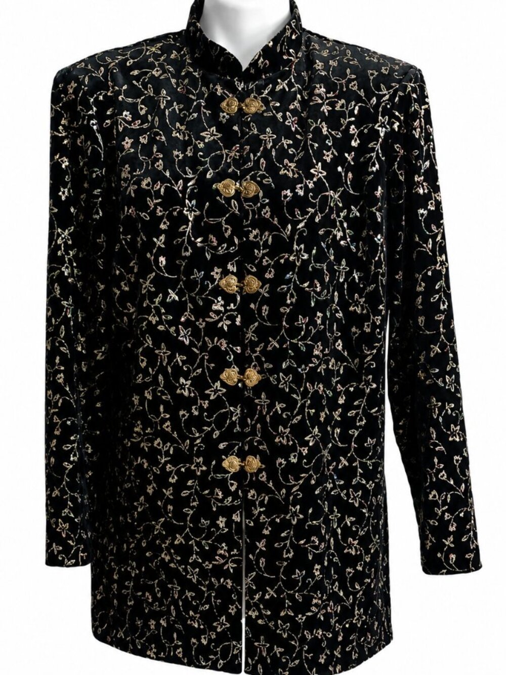 Size 1X Womens Vintage Black Floral Embroidered Blazer Jacket Gold Button Dressy
